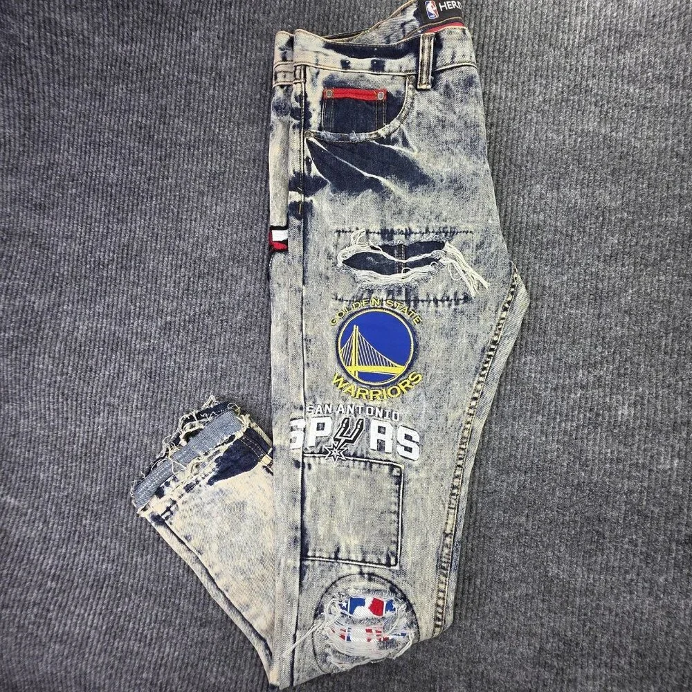 UNK Heritage America Jeans Mens 36 x 34 NBA Basketball Distressed Patches Grunge - Picture 1 of 16